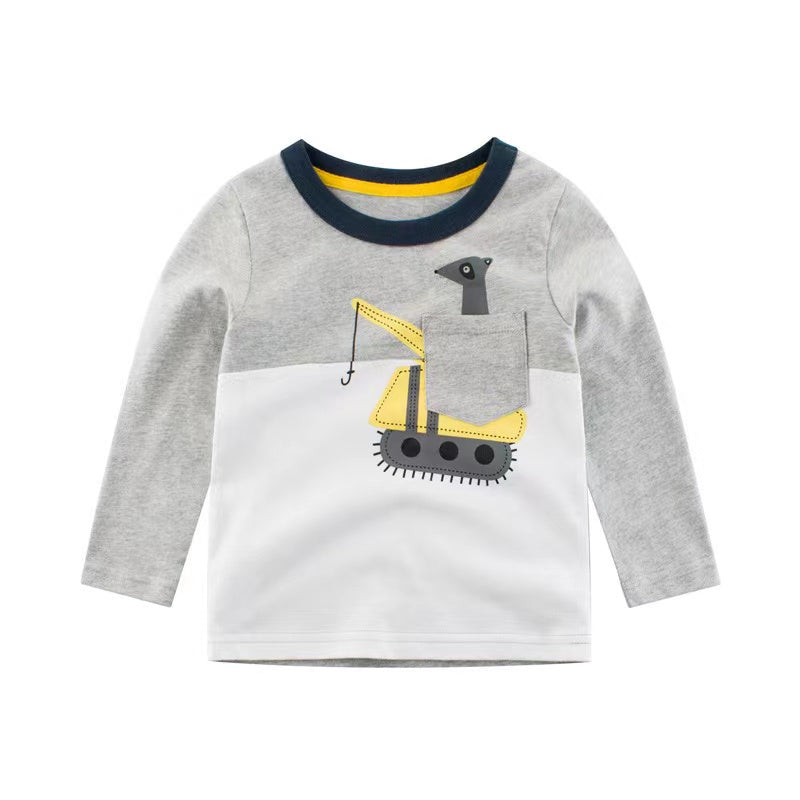 Baby Boy Cartoon Excavator & Animal Pattern Contrast Design Shirt