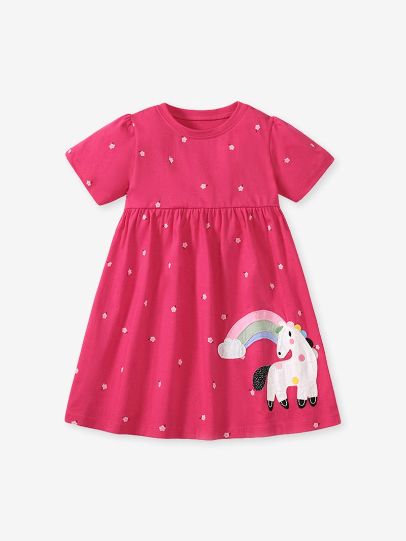 Spring And Summer Baby Girls Short Sleeves Rainbow Horse Floral Cartoon Dress