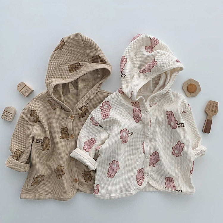 Baby Waffle Fabric Cartoon Bear Print Single Breasted Design Cardigan With Hat