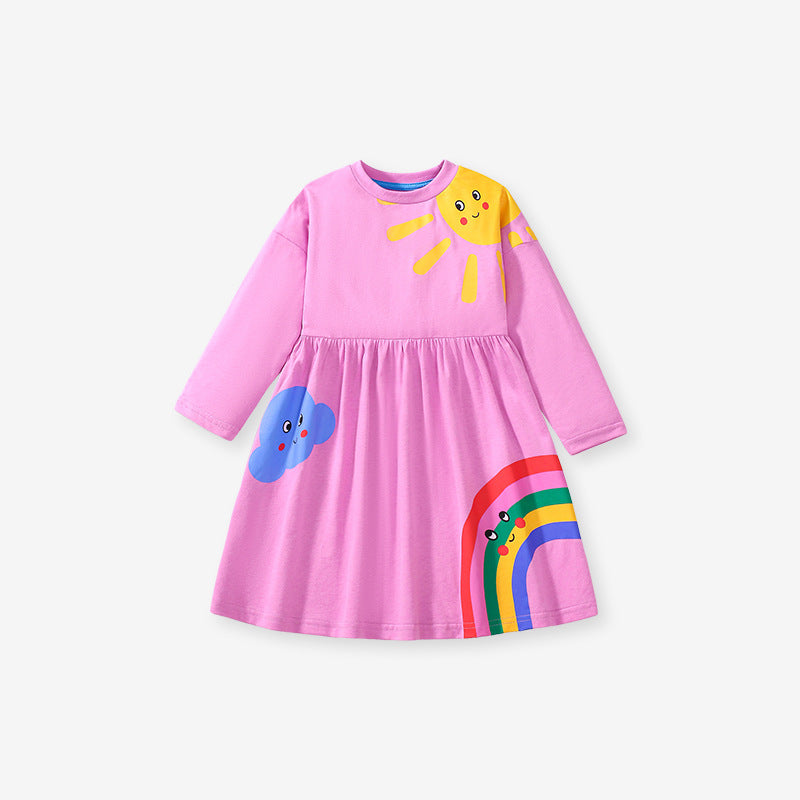 Arrival Autumn Girls Long Sleeves Cartoon Rainbow And Sunshine Pattern Crew Neck Dress