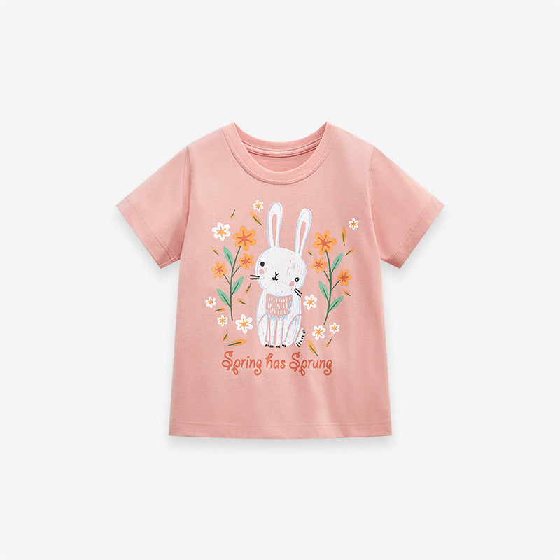 Round Neck Rabbit Cartoon Girls’ T-Shirt In European And American Style For Summer