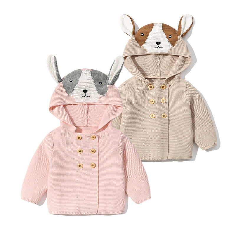 Baby Solid Color Cartoon Design Hooded Knitted Fashion Cardigan