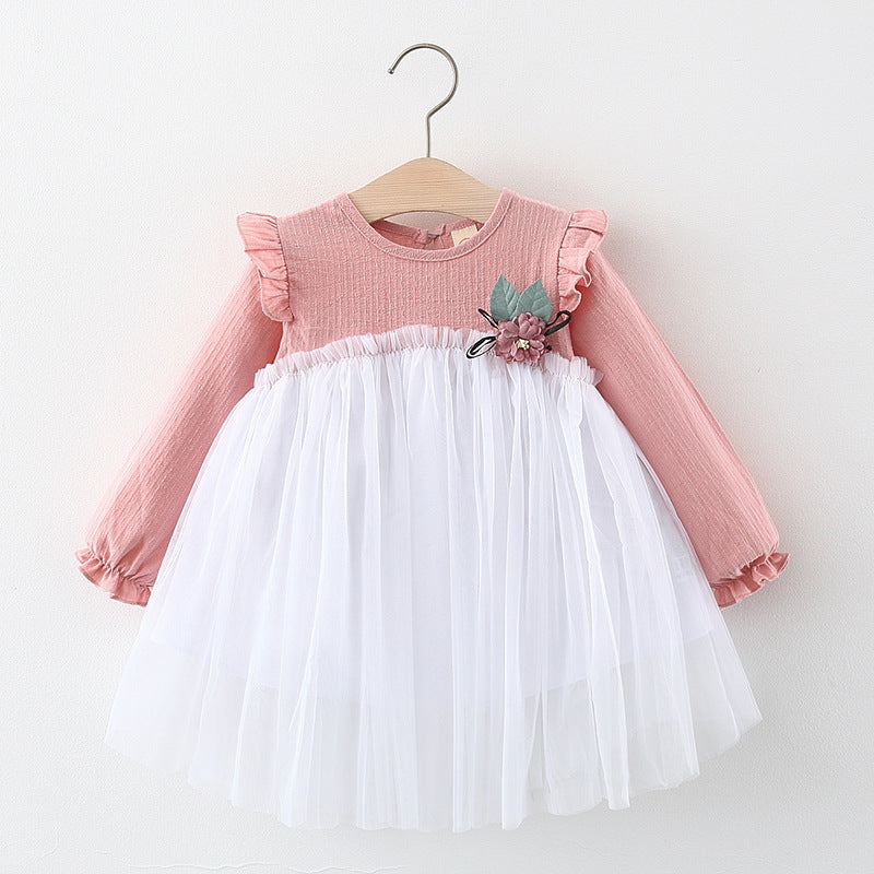 Autumn and Spring New Arrival Baby Girls Long Sleeves Tulle Patchwork Dress