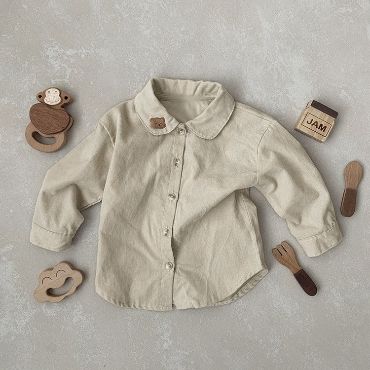 Baby Boy Solid Color Bear Patched Pattern Single Breasted Design Lapel Long Sleeves Shirt