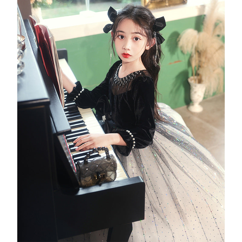 Princess Black Bow Birthday Dress For Girls: Luxurious Long-Sleeved Piano Performance Attire , Perfect For Spring Celebrations