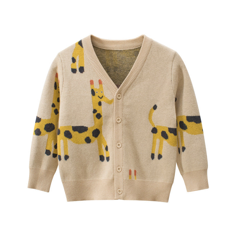 Baby Cartoon Deer Pattern Single Breasted Design V-Neck Cardigan