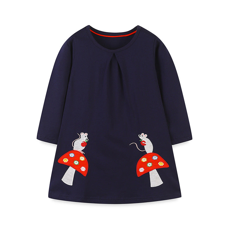 Girls’ Cartoon Pattern Embroidery Crew Neck Dress