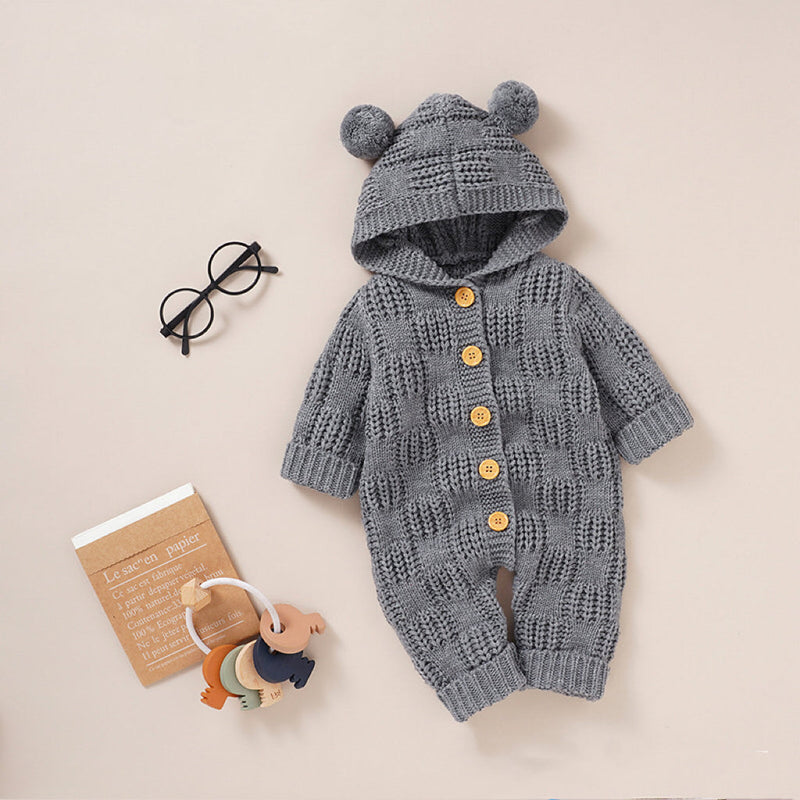 Baby Solid Color Small Ear Patched Design Thermal Romper