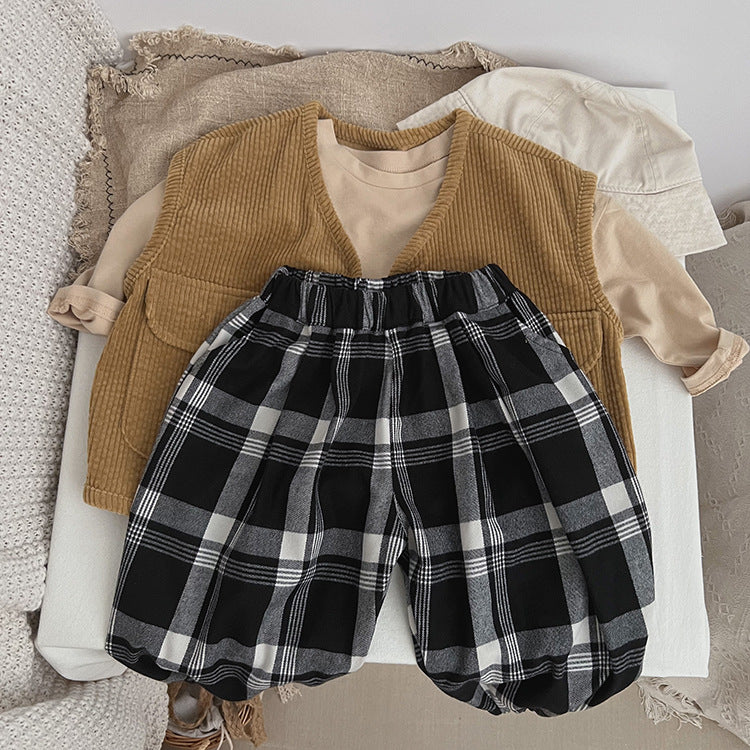 Baby Classic Plaid Pattern Loose Cotton Trousers