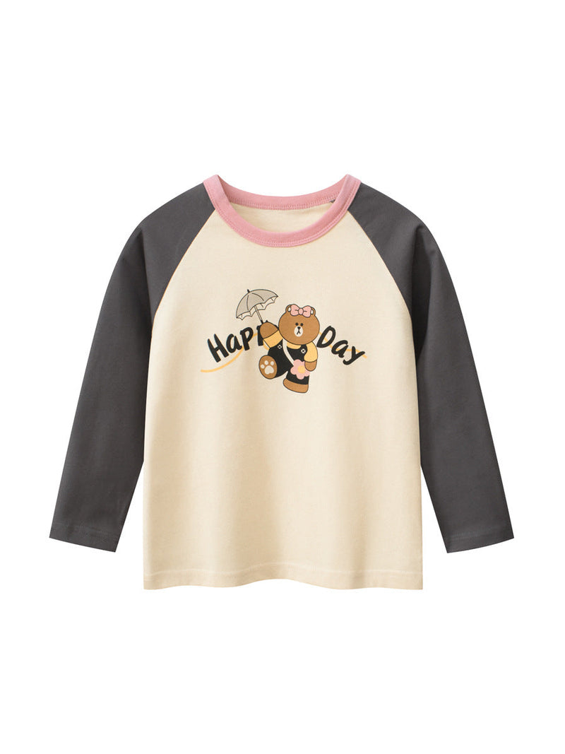 Autumn New Arrival Kids Girls Cartoon Print Crew Neck Long Sleeves Color Patchwork Shirt