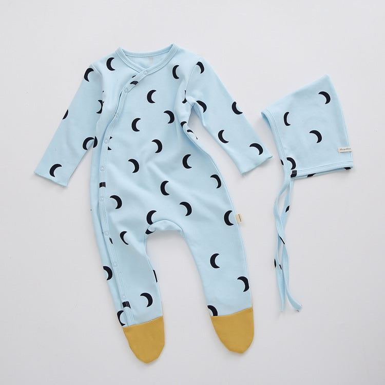 Baby Printed Graphic Side Button Design Long Sleeved Jumpsuit Romper Pajamas With Hat