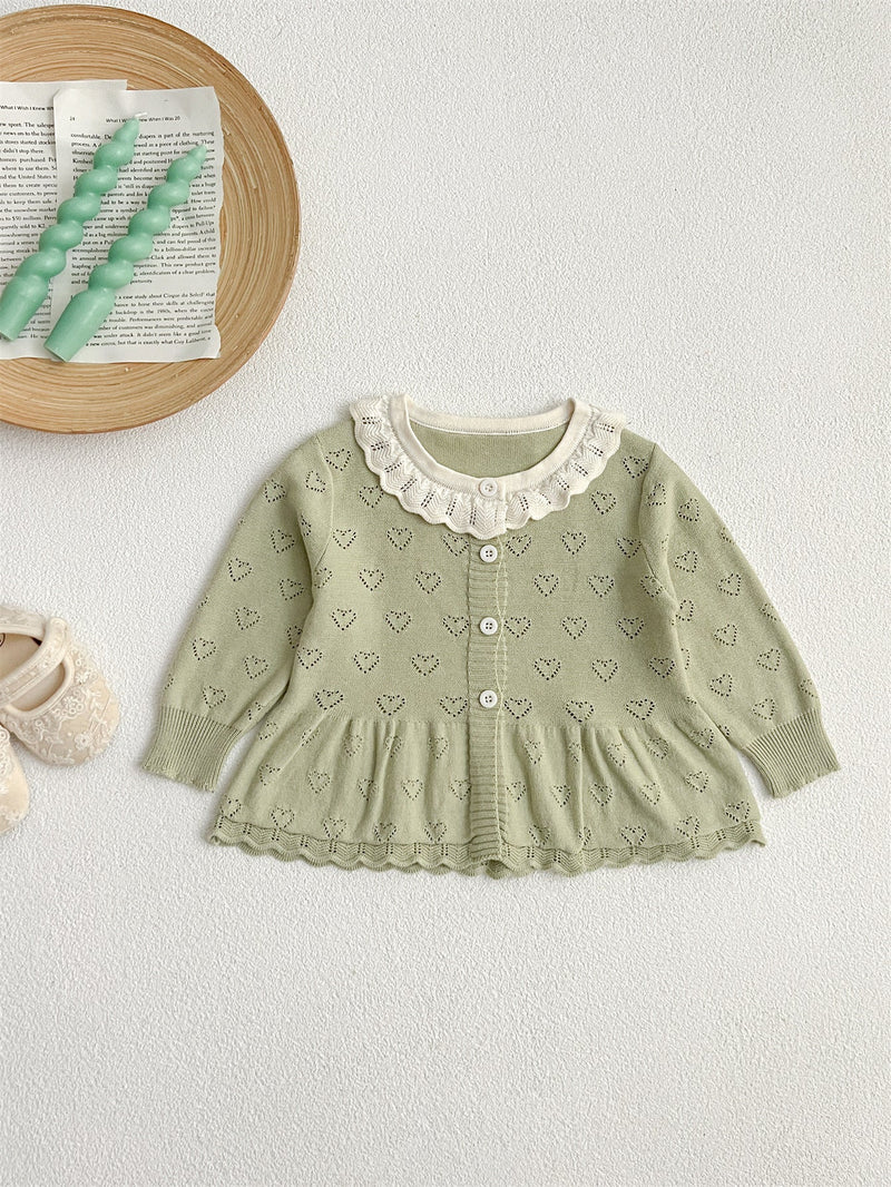 Autumn New Arrival Baby Kids Girls Comfortable Hollow-out Design Knitted Long Sleeves Top with Heart Pattern and Collar