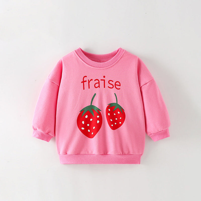 Baby Girl Strawberry Print Pattern Crewneck Terry Hoodies