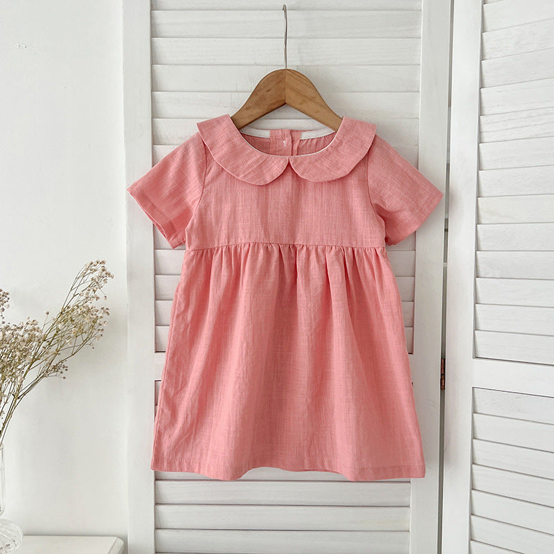 Summer Hot Selling Girls’ Solid Color Short Sleeves Peter Pan Collar Cotton Comfy Dress