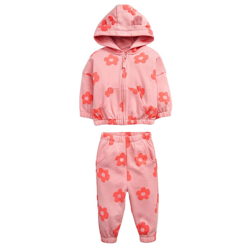 Baby Girl All Over Flower Graphic Zipper Hoodie Coat & Trousers 2 Pieces Sets