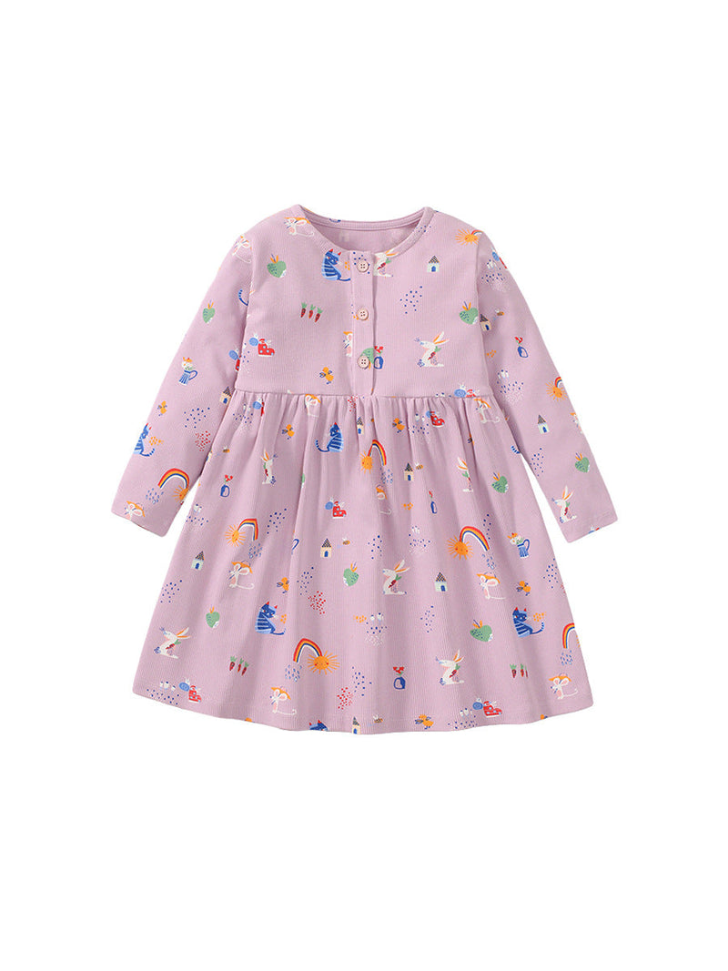 Spring Baby Grils Long Sleeve Cartoon Elements Logo Purple Dress