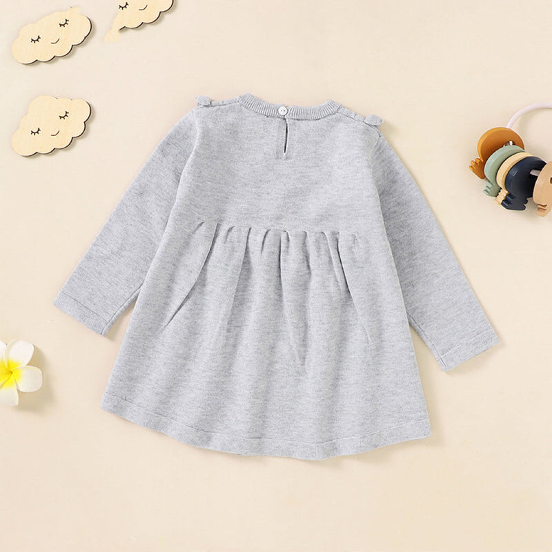 Baby Girl Flower Patched Pattern Solid Color Knitted Dress