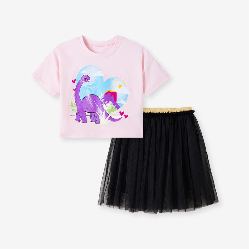 Summer Baby Girls Dinosaur Cartoon Pattern T-shirt and Mesh Skirt Clothing Set