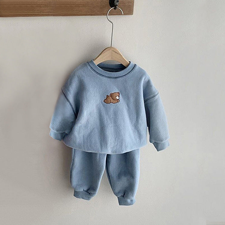 Baby Cartoon Bear Patched Graphic Hoodies Combo Solid Trousers Casual 2 Pieces Sets