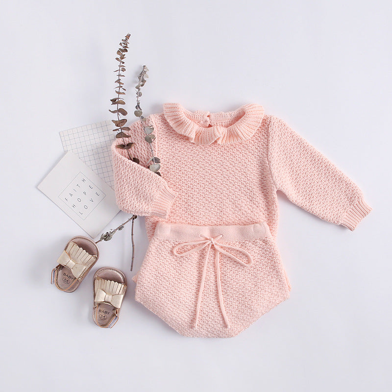 Baby Girl 1pcs Ruffle Neck Solid Shirts And Belted Triangle Shorts Fall Winter Knit Sets