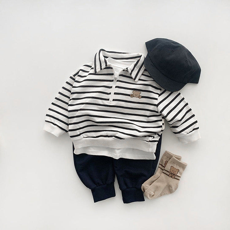 Baby Cute Bear Embroidered & Striped Pattern Polo Neck Cotton Hoodies