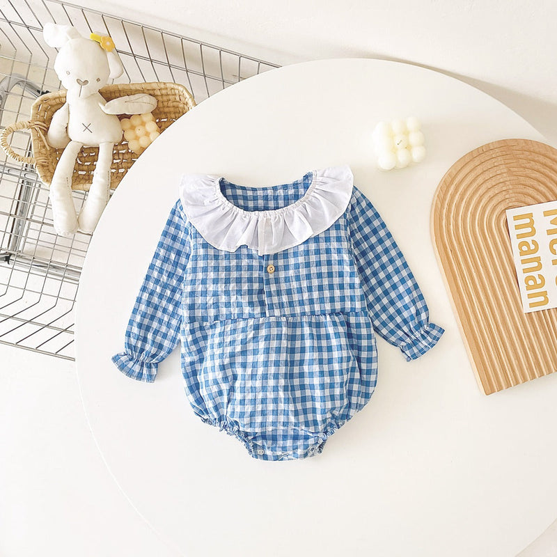 Baby Girl Plaid Pattern Ruffle Neck Design Triangle Sweet Onesies