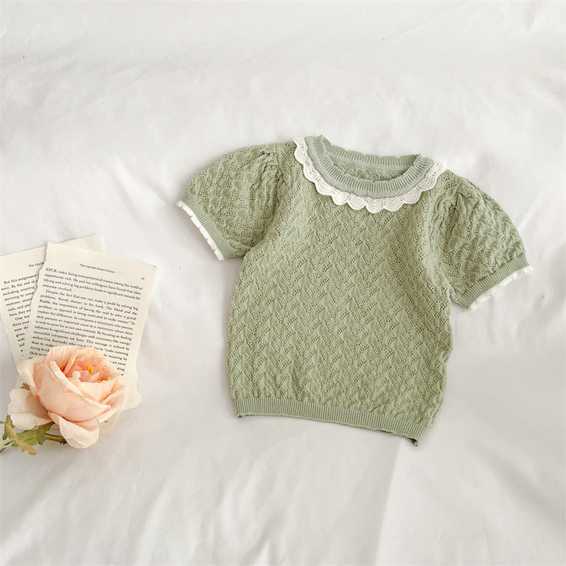 Baby Girl Hollow Carved Design Ruffle Design Cute Knit Tee