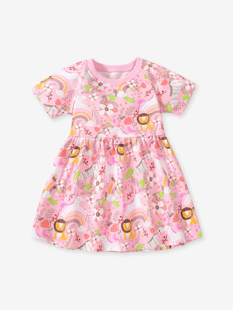 Spring And Summer Baby Girls Short Sleeves Rainbow Animals Floral Cartoon Dress