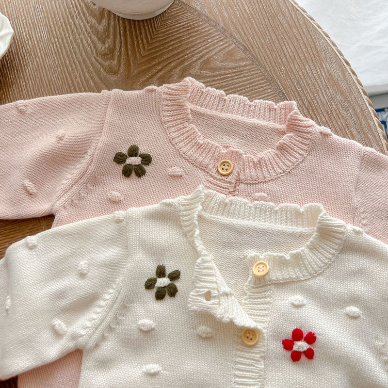 Baby Girl Flower Embroidered Graphic Single Breasted Design Knit Cardigan