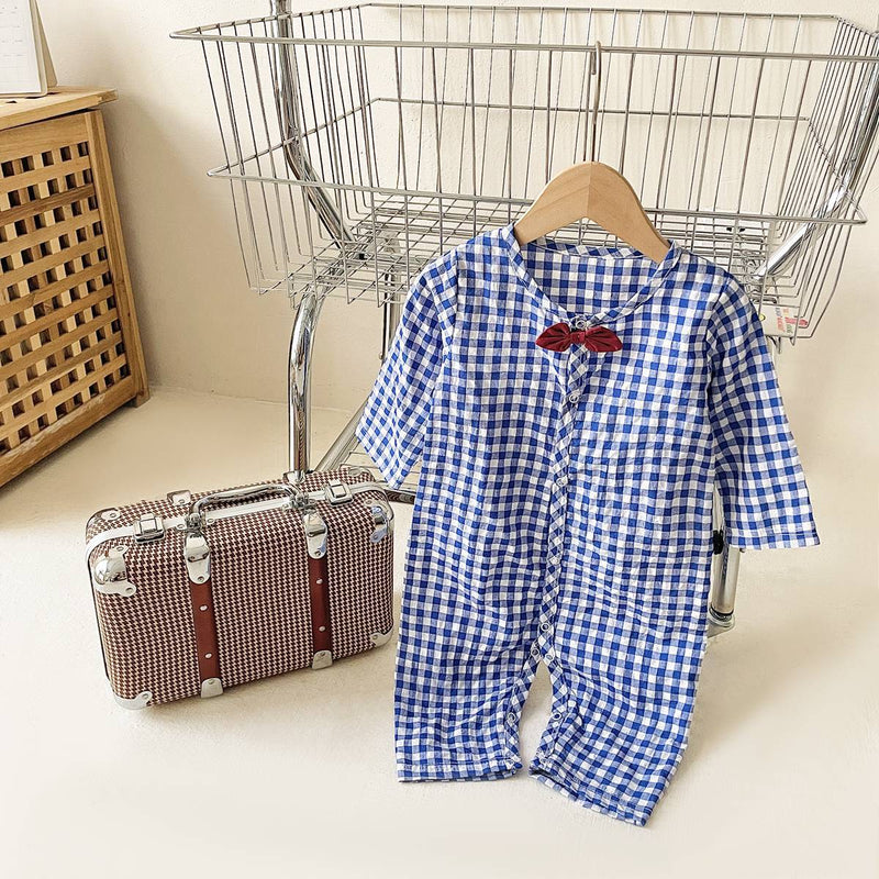 Baby Boy Plaid Pattern Bow Patched Design Cotton Jumpsuit