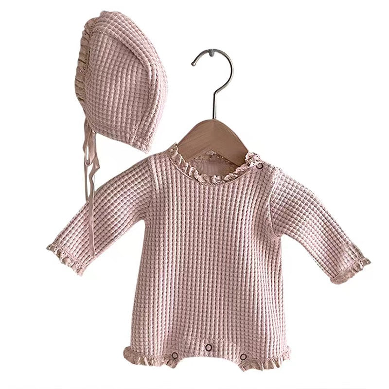 Baby Girl Solid Color Waffle Pattern Lace Design Long Sleeves Triangle Bodysuit