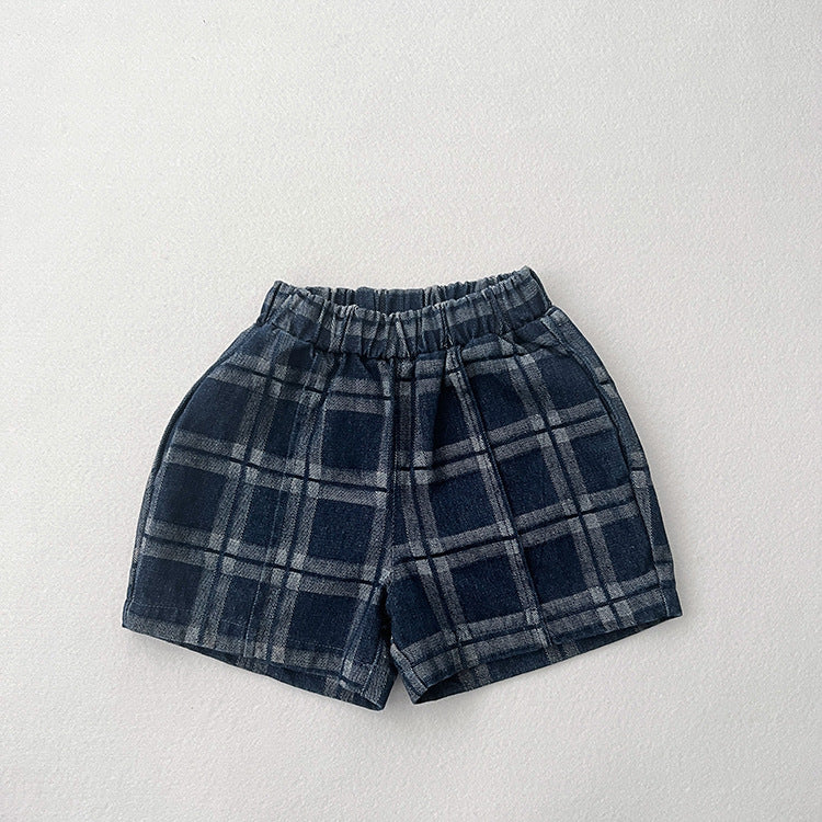 Baby Denim Blue Plaid Pattern Loose Shorts