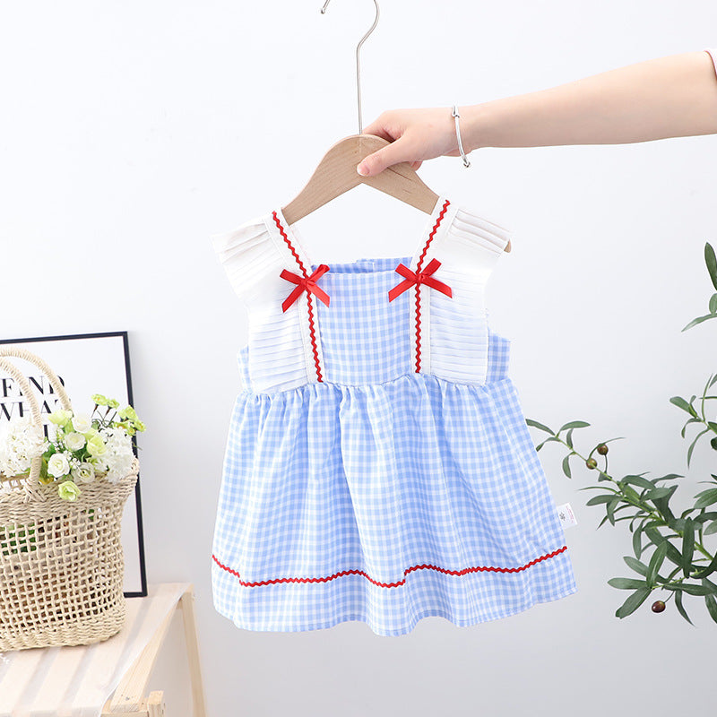 Summer Baby Kids Girls Sleeveless Blue Plaid Square Neck Strap Dress