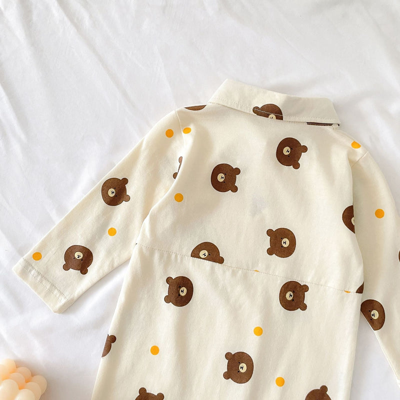 Baby Boy Bear Pattern Long Sleeve Polo Collar Long Romper