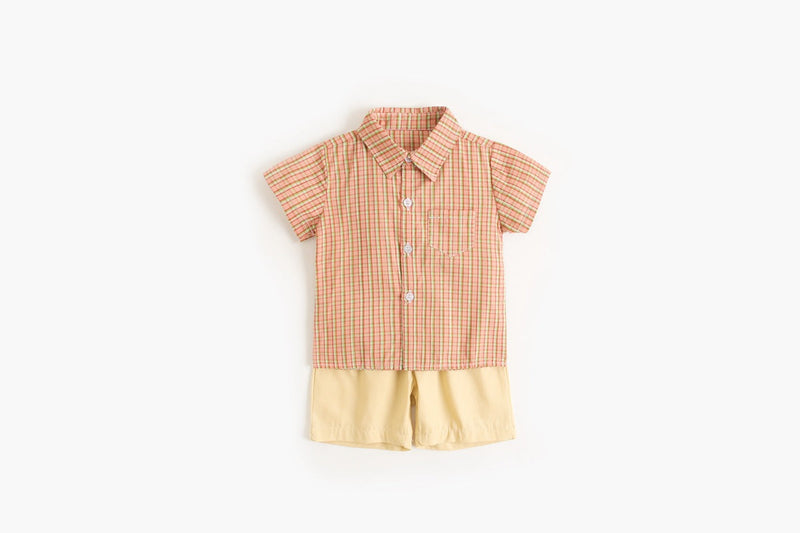 Baby Boy Plaid Pattern Single Breasted Design Polo-Neck Shirt Combo Shorts