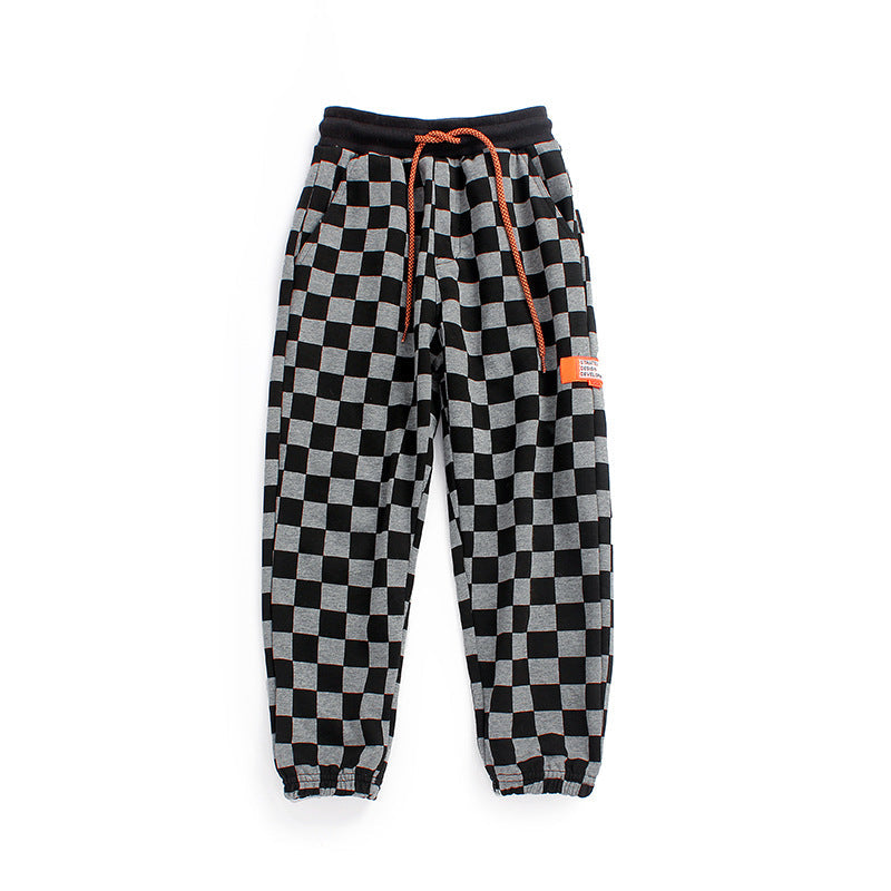 Baby Boy Checkerboard Print Pattern Fleece Thickened Pants