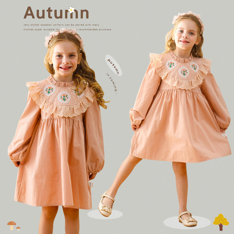 Design Autumn Girls Flower Embroidery Ruffle Neck Long Sleeves French Style Dress