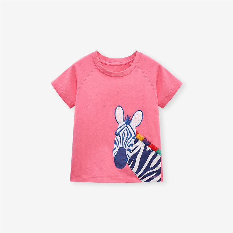 Cute Knit Round Neck Zebra Cartoon Girls’ T-Shirt In European And American Style For Summer