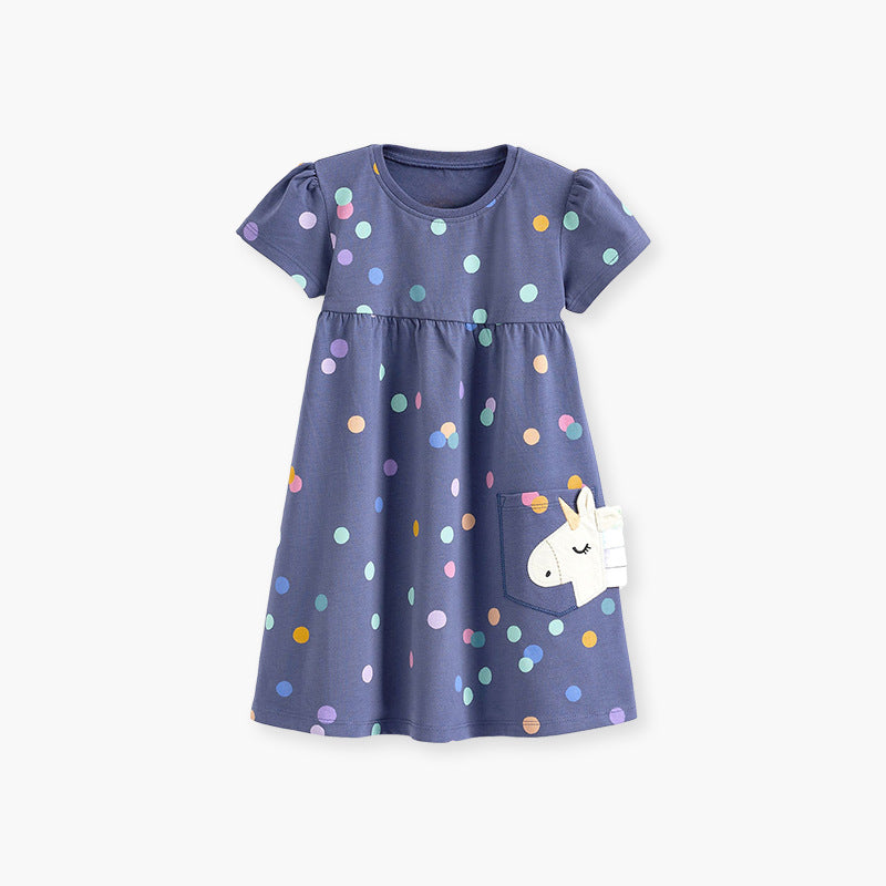 Spring And Summer Baby Girls Short Sleeves Polka Dots Dress With Unicorn Pocket