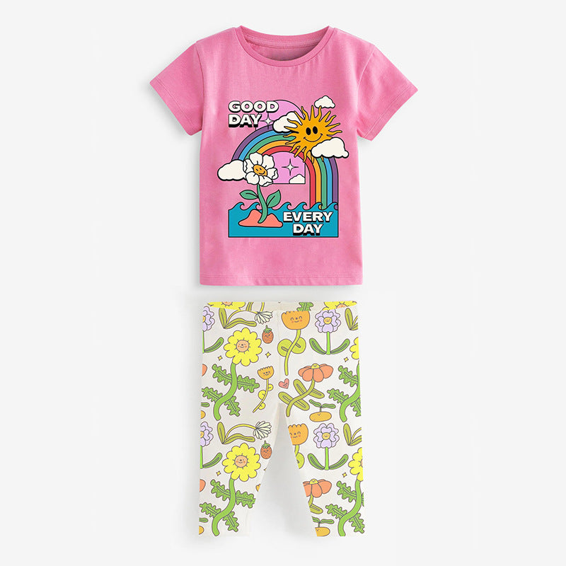 Girls Sunny Day Cartoon T-Shirt And Floral Capri Pants Set