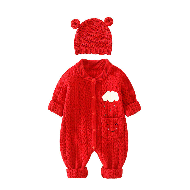 Baby Solid Color Cartoon Embroidered Design Crochet Knit Romper