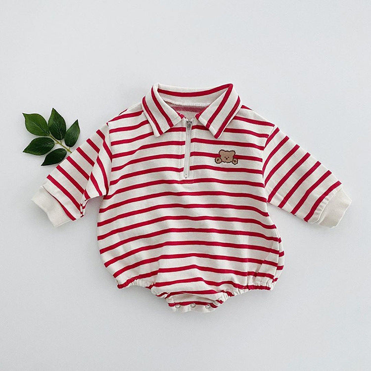 Baby Striped & Cartoon Patched Graphic Polo Neck Long Sleeves Bodysuit Onesies