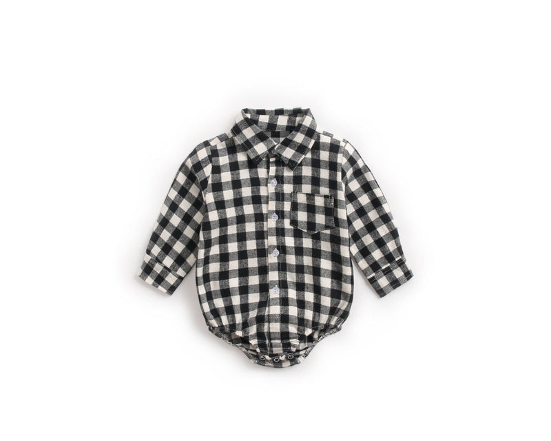 Baby Boy Plaid Pattern Buttoned Shirt With Pockets Long Sleeve Onesies In Autumn