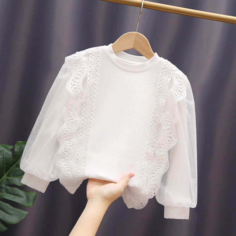 Baby Girl Solid Color Mesh Hollow Carved Design Princess Shirt