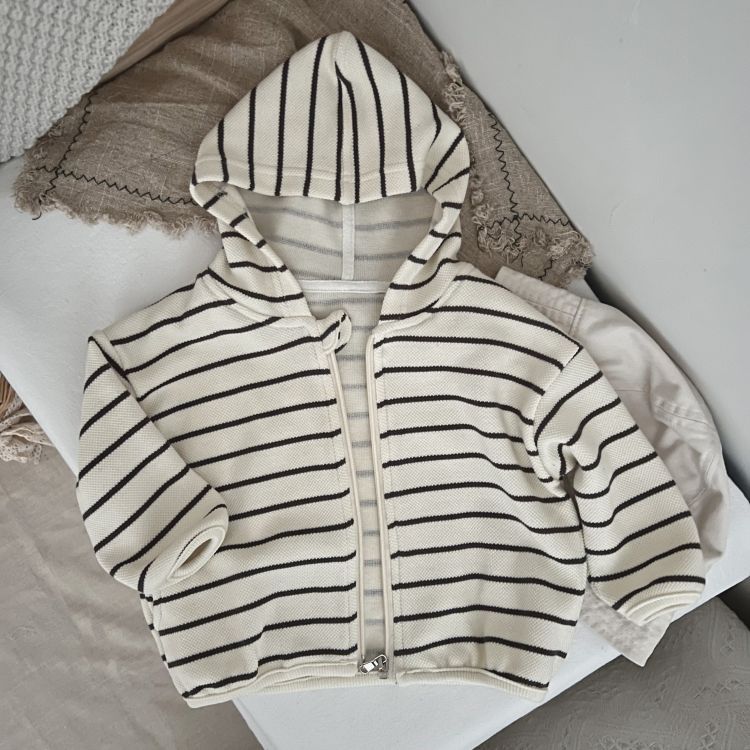 Baby Striped Pattern Single Breasted Design Long Sleeve Coat With Hat