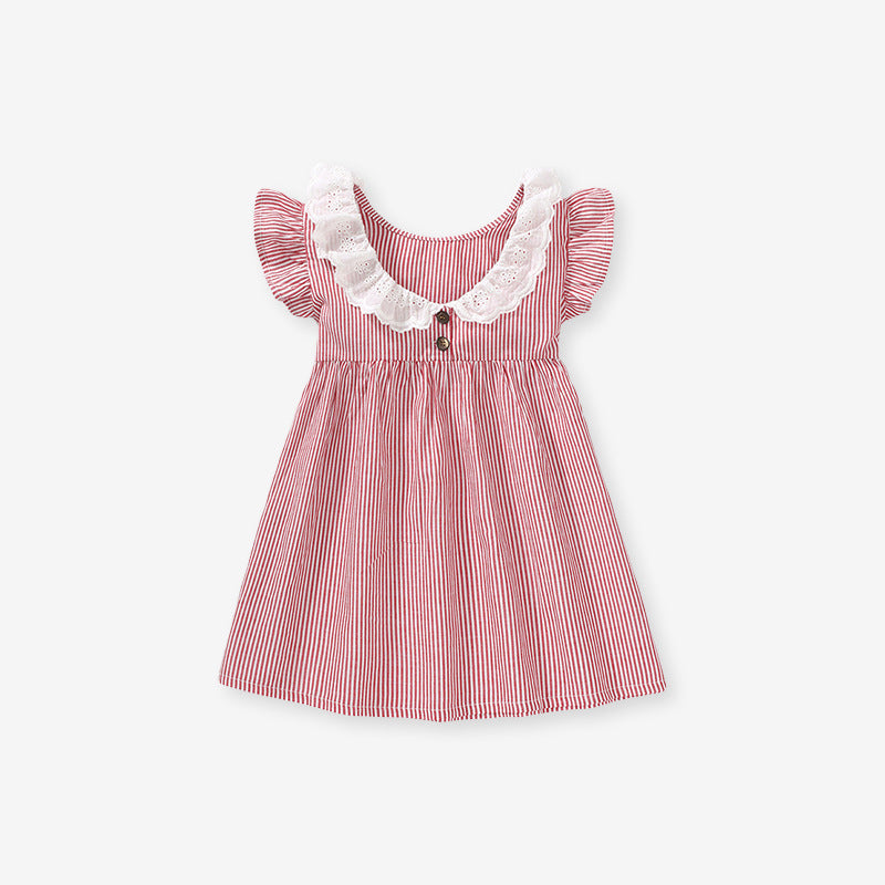 Spring And Summer Baby Girls Ruffle Collar Short Sleeves Striped Dress