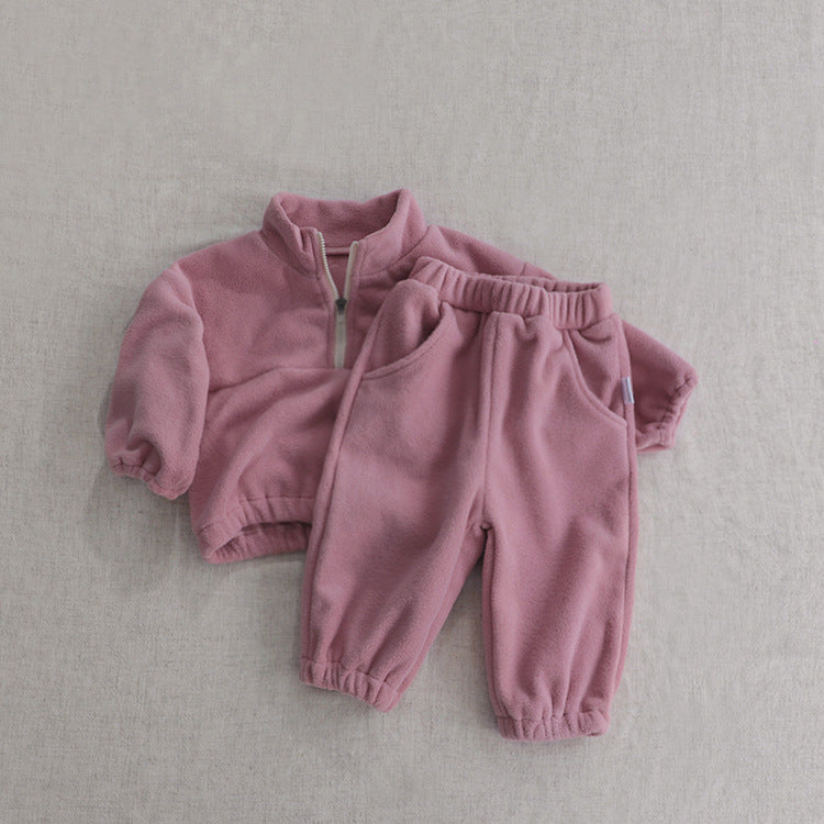 Baby Solid Color Double Sided Fleece Stand Collar Sweater Sets