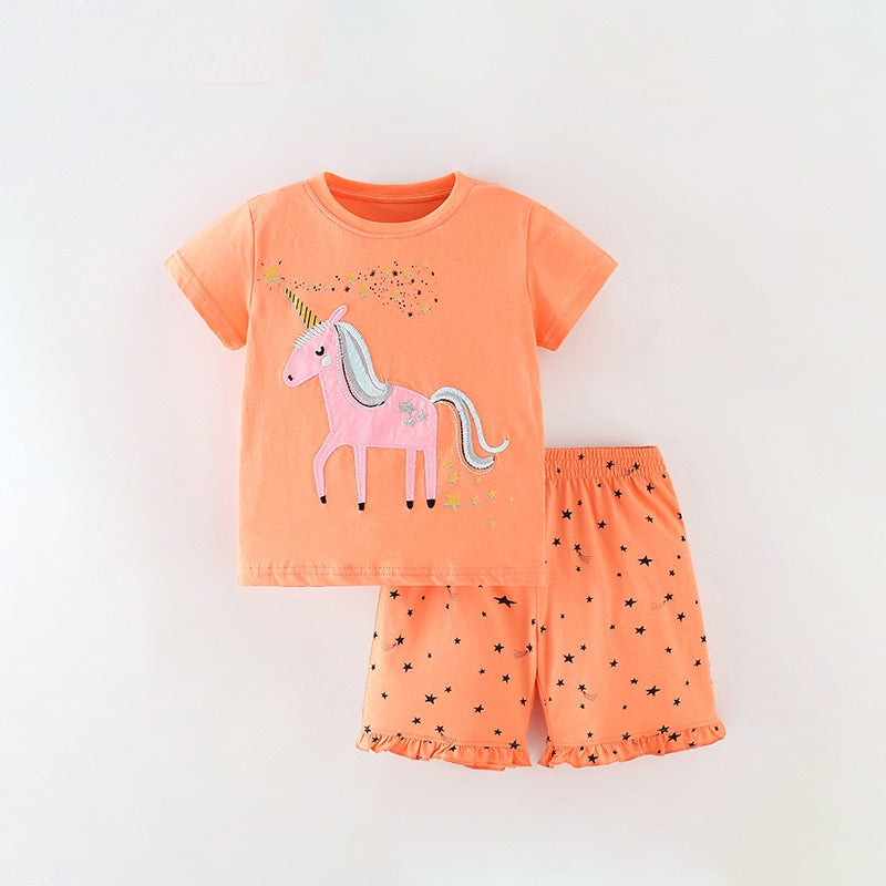 Summer Baby Kids Girls Unicorn, Stars Pattern T-Shirt And Shorts Clothing Set