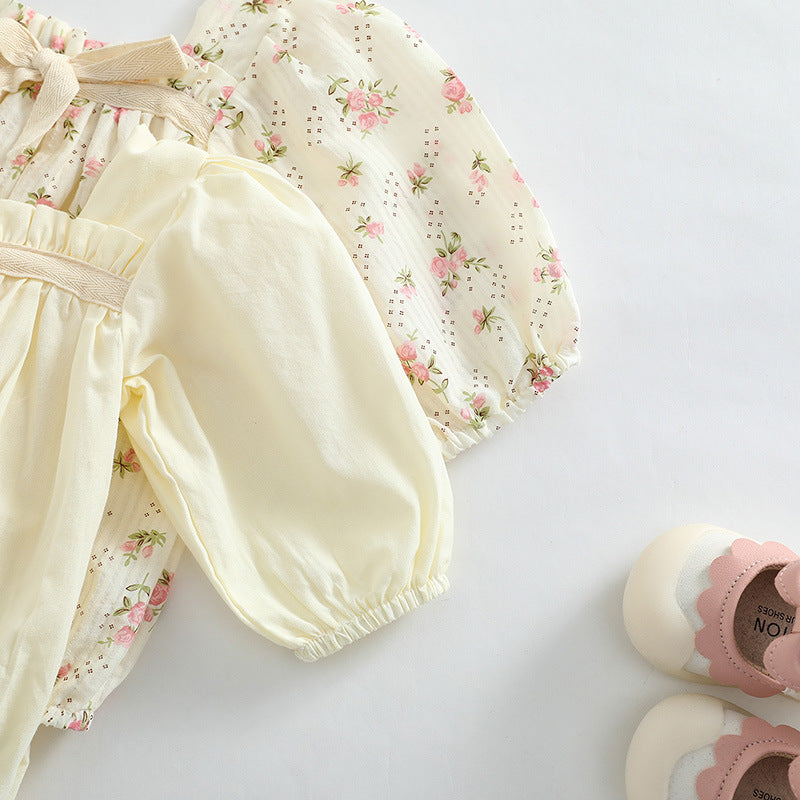 Baby Girl Ditsy Flower Pattern Or Solid Color Long Sleeve Bodysuit