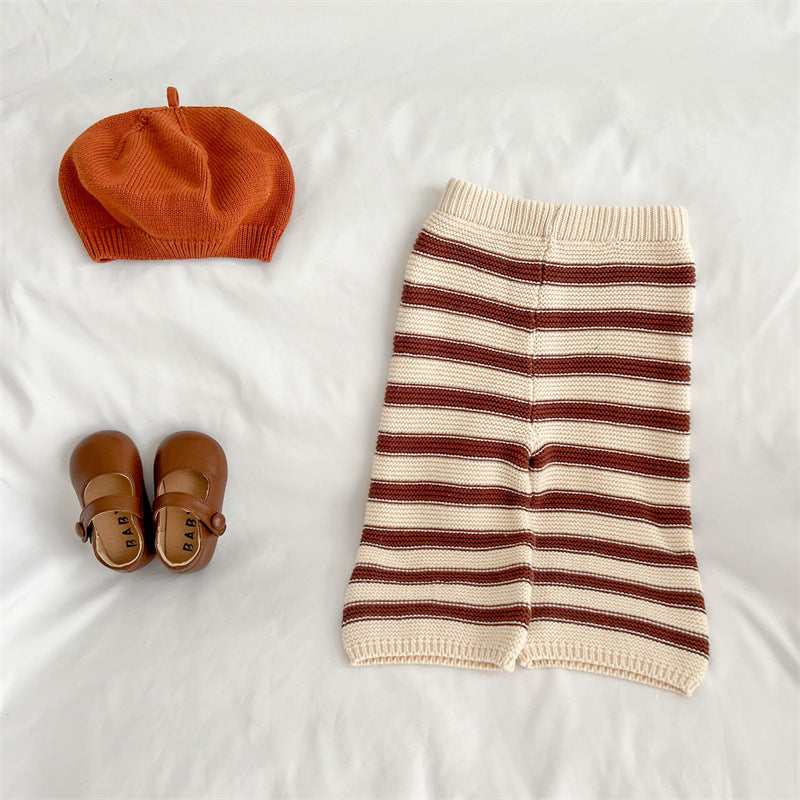 Baby Striped Pattern Lapel Knitted Cardigan With Pants Sets